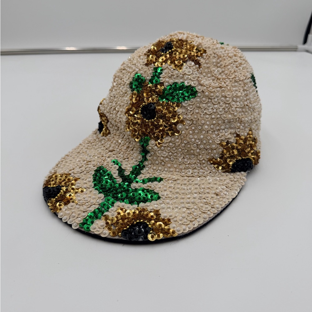 Vintage 80s 90s Sequin Beaded Sunflower Cap White hat